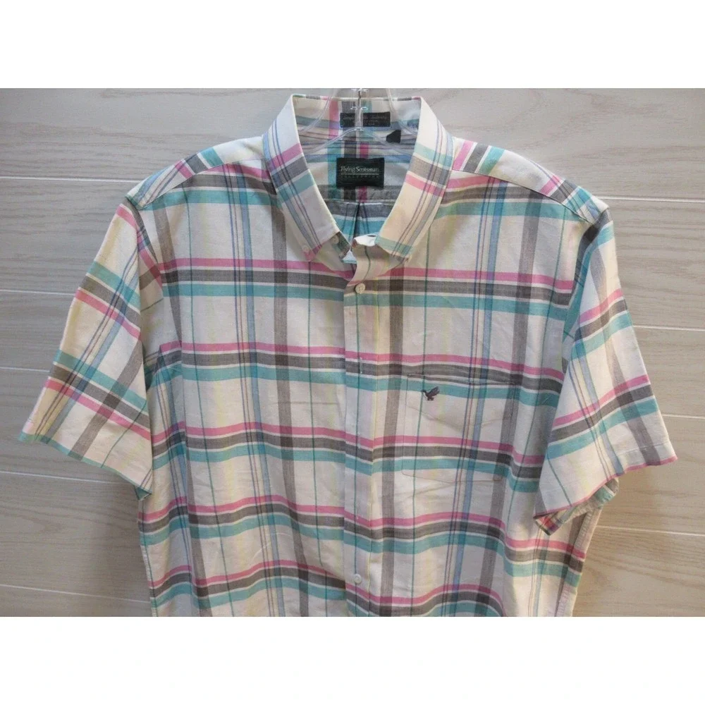 Vintage Flying Scotsman XL Made USA Short Sleeve Button Shirt plaid pink green - Picture 6 of 10
